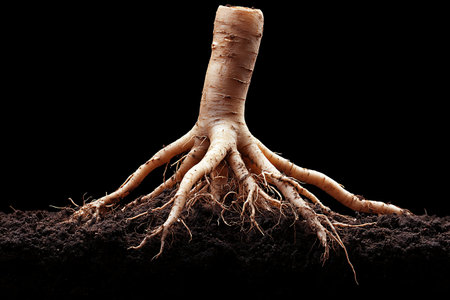 This image presents a striking view of roots emerging from dark, rich soil, set against a black...