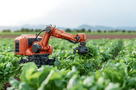 A robotic arm efficiently harvests fresh lettuce in an expansive agricultural field, showcasing advanced technology and sustainable farming practices under a serene sky.の写真素材