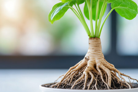 A fresh green plant with visible roots sits in a pot, showcasing the beauty of indoor gardening and the connection to nature, perfect for enhancing home decor.の写真素材