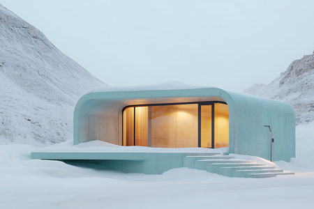 A stunning modern structure designed with curvilinear forms sits gracefully in a snowy landscape,...