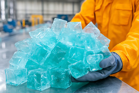 A worker dons an orange jacket and gloves, holding a sizable pile of transparent turquoise ice cubes in a vibrant industrial environment.の写真素材
