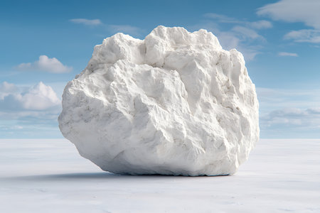 A large white rock stands prominently on a flat white landscape under a bright blue sky filled with soft clouds, showcasing serene beauty and isolation.の写真素材