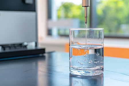 A clear glass sits on a sleek kitchen countertop as water is poured, showcasing bubbles and freshness. The background features bright greenery, creating a refreshing atmosphere.の写真素材