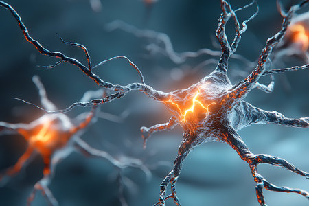 A captivating close-up of neurons exhibiting electrical activity against a dark background, highlighting their intricate structure and dynamic connections in the brain.の写真素材
