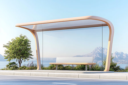 Contemporary bus stop shelter with sleek design, offering a view of mountains, trees, and clear sky, perfect for urban transportation needs and aesthetic appeal.の写真素材