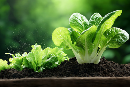 A vibrant image showcasing fresh green leafy vegetables growing in rich soil. Water droplets enhance the appeal, highlighting the beauty of nature and healthy living.の写真素材