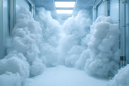 This image features a dense fog created by steam, filling an industrial space with an ethereal atmosphere. The soft blue lighting enhances the surreal quality.の写真素材