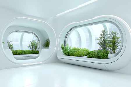 This image showcases a modern indoor garden design featuring lush green plants in a sleek, futuristic white space. The bright environment promotes relaxation and tranquility.の写真素材