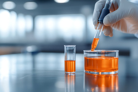 A technician wearing a glove performs a precise transfer of orange liquid using a pipette into a glass container, showcasing laboratory techniques and safety.の写真素材