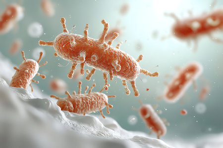 Close-up view of vibrant bacteria showcasing unique structures and textures, highlighting the intricate beauty of microbial life under the microscope.の写真素材