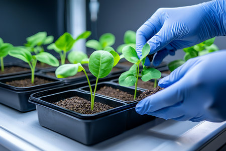 A person in blue gloves carefully plants seedlings in black trays filled with soil under indoor grow...