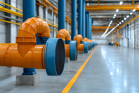 This image shows a row of orange and blue industrial pipes in a spacious, well-lit warehouse. The...
