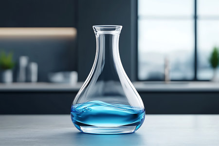 A striking image of an elegant glass flask filled with vibrant blue liquid, showcased on a modern kitchen countertop, ideal for science themes or design inspiration.の写真素材