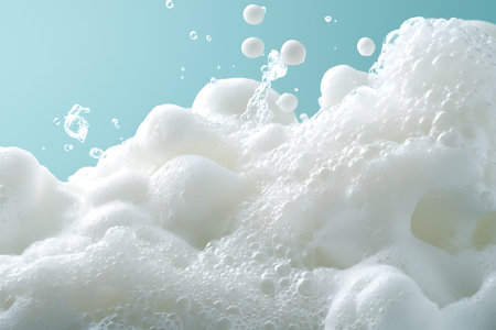 Dive into a refreshing scene with white bubbles and a light blue background, capturing the essence...