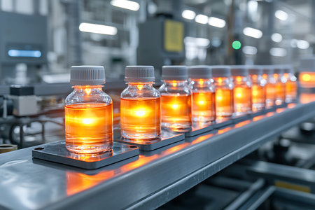 A modern manufacturing facility showcases an assembly line of glass bottles filled with bright...