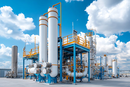 A modern industrial gas processing plant showcasing tall storage tanks and bright blue sky,...