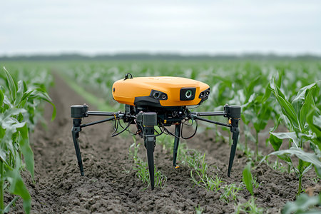 An orange drone stands in a green crop field, showcasing the intersection of technology and agriculture in modern farming practices.の写真素材