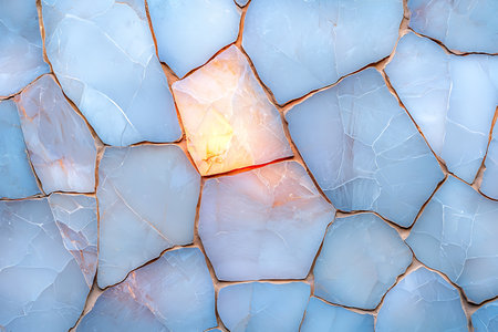 This stunning image features a unique wall made of light blue natural stones, showcasing intricate fractured patterns and soft lighting effects. Perfect for design projects.の写真素材