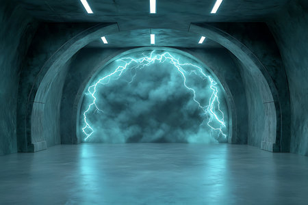 An atmospheric tunnel featuring dramatic lightning effects, creating a futuristic ambiance. This unique scene captures an intriguing blend of light and shadow.の写真素材
