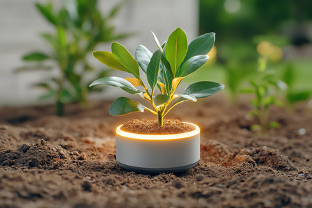 A modern plant thriving in a stylish smart pot with a warm light, highlighting its leaves. This serene image represents growth and innovation in gardening.の写真素材