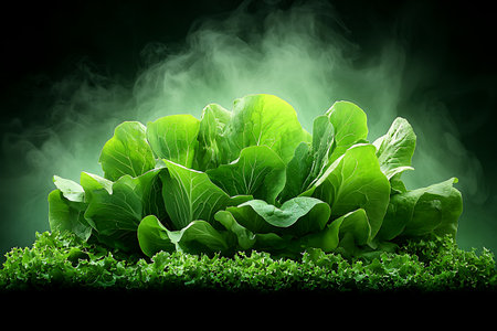 Vibrant fresh green lettuce heads surrounded by mist create a captivating scene ideal for healthy cooking and nutrition-focused projects.の写真素材