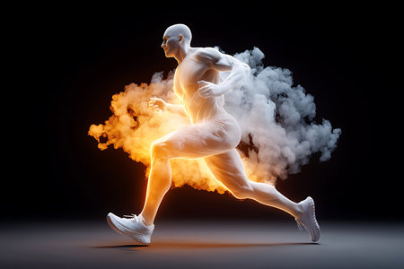 This striking artwork depicts a stylized runner in mid-stride, surrounded by fiery smoke, capturing the essence of speed and energy in motion.の写真素材