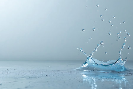 A stunning image of water creating a splash effect with droplets, reflecting on a smooth surface, perfect for conveying purity, elegance, and calmness in design projects.の写真素材