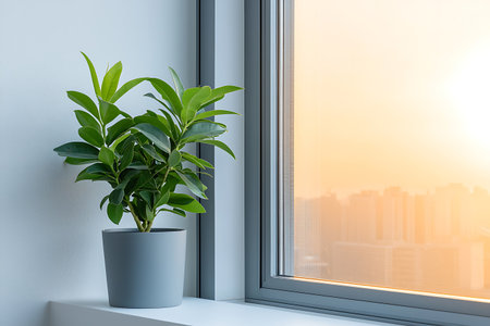A charming indoor plant positioned by a window, showcasing vibrant green foliage against a stunning sunset view. Perfect for a tranquil home ambiance.の写真素材
