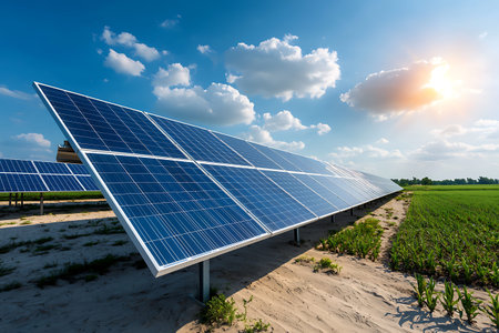 A bright landscape featuring solar panels installed in a lush green field under a vast blue sky with...