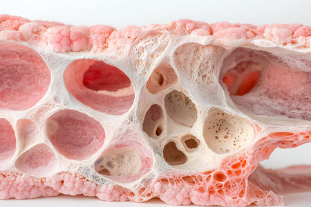 This close-up image showcases the intricate cellular structure of soft tissue, highlighting textured patterns and cavities. Perfect for scientific and medical themes.の写真素材