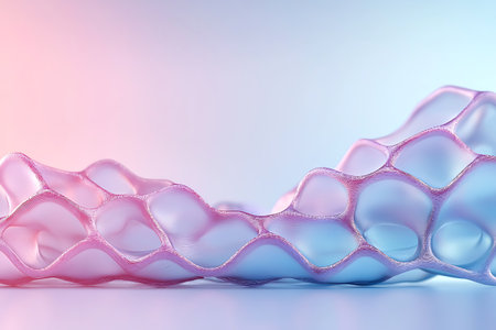 This abstract image features a fluid shape with a honeycomb pattern in soft purple and pink tones, creating an ethereal and modern aesthetic. Ideal for artistic projects.の写真素材