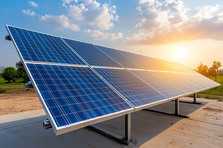 Beautiful solar panels capture sunlight during a stunning sunset, surrounded by greenery and clouds,...