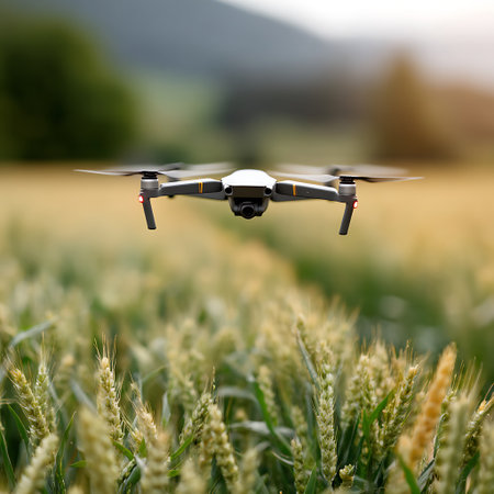 A stunning aerial view of a drone in flight over a lush green field, capturing the essence of technology and nature in harmony. Perfect for various themes.の写真素材