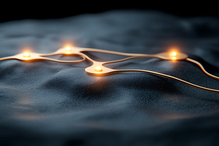 This abstract image features a network connection with glowing nodes intertwined over a dark...