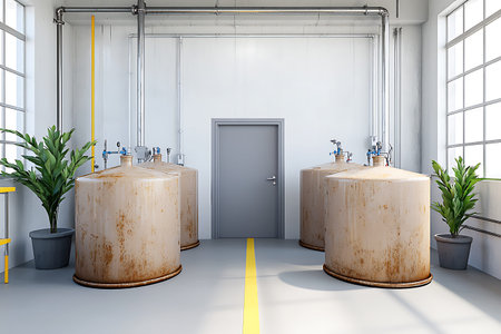 Explore a modern industrial space featuring large metal tanks, greenery, and bright lighting. The...
