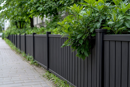 A beautiful black wooden fence lined with vibrant green foliage creates an inviting atmosphere for urban landscapes. The scene features a neat sidewalk amidst nature.の写真素材