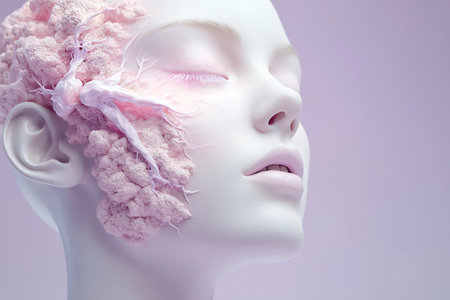 A captivating artistic representation of a mannequin's face, merging beauty with nature elements in soft pastel hues. This stunning piece evokes serenity and creativity.の写真素材