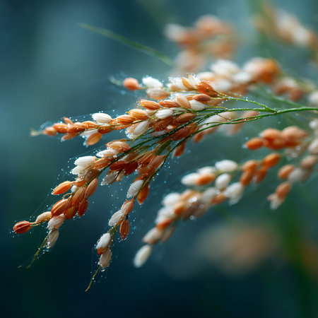A close-up image of delicate orange and white flower buds set against a soft background. The scene features glistening dewdrops on the petals, highlighting the beauty of nature.の写真素材