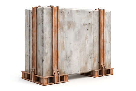 This image features a large industrial concrete block with rusted metal supports, emphasizing durability and strength. Ideal for construction and design projects.の写真素材