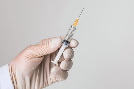 A close-up view of a gloved hand holding a syringe filled with yellow liquid, symbolizing medical preparation and healthcare procedures.の写真素材