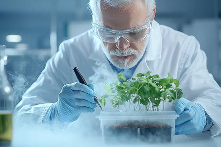 An experienced scientist meticulously examines the growth of plants in a laboratory setting, showcasing innovation and research in botany and biotechnology.の写真素材