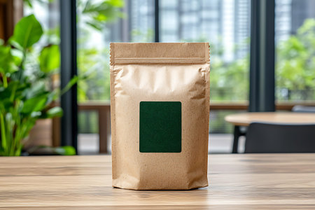 A minimalist brown kraft paper bag with a green label sits on a wooden table, surrounded by soft...