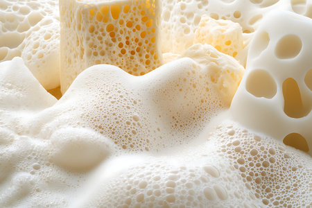 This close-up image captures the intricate details of creamy soap foam, showcasing bubbly texture and a sense of freshness. Perfect for beauty and hygiene themes.の写真素材