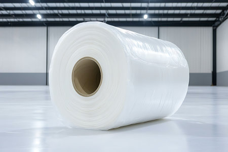 A large roll of transparent plastic film resides in a bright industrial warehouse space, showcasing its flexible and protective qualities for various applications.の写真素材