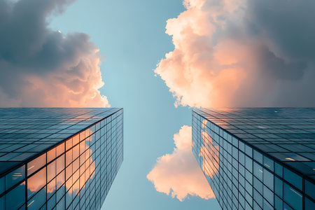 A breathtaking view of two tall glass buildings reaching towards the sky, reflecting vibrant clouds at sunset. The serene atmosphere captures urban beauty.の写真素材