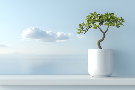 A serene bonsai tree in a sleek white pot rests on a shelf, framed by a calming sky and ocean backdrop, creating a peaceful atmosphere.の写真素材