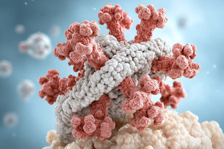 This detailed 3D model of the coronavirus showcases its structure, highlighting vibrant proteins against a subtle microscopic background, perfect for educational use.の写真素材