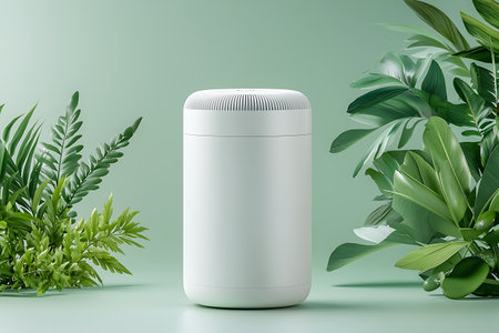 A sleek air purifier stands elegantly amidst vibrant green plants, symbolizing cleanliness and health. This serene setting emphasizes fresh air and modern aesthetics.の写真素材