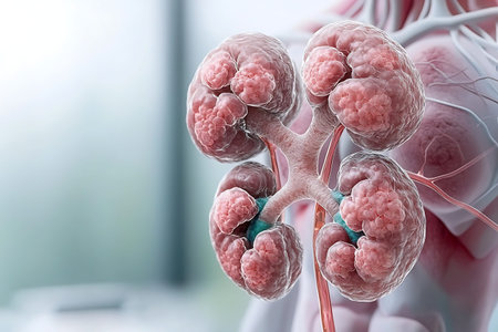 This detailed illustration showcases the intricate structures of a human kidney, highlighting...