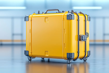 A bright yellow hard case designed for travel and storage. Features include sturdy metal latches and...